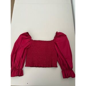 Red Smocked Top Puff Sleeve Square Neck‎ Blouse Womens Size M crop top